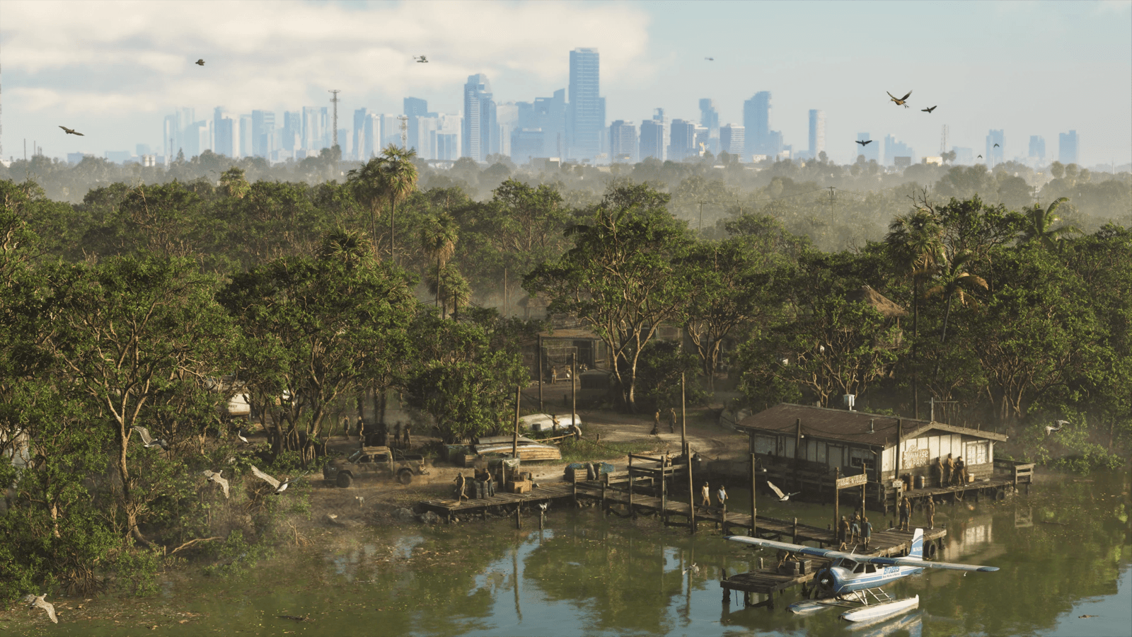 A wide view of the Grassrivers wetlands with the Vice City skyline in the distance in GTA 6, official screenshot